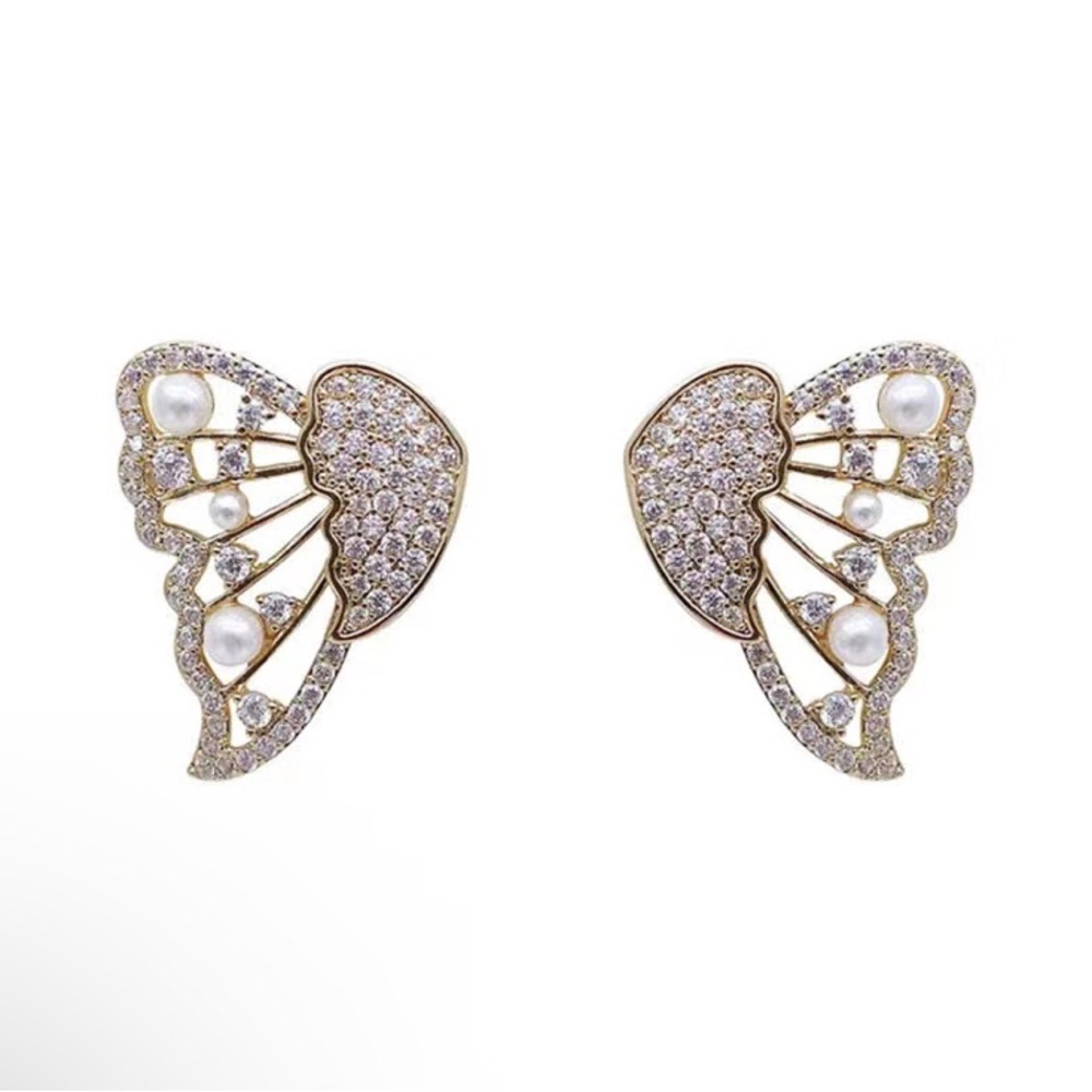 14K Gold Plated Rhinestone Butterfly Pearl Earrings